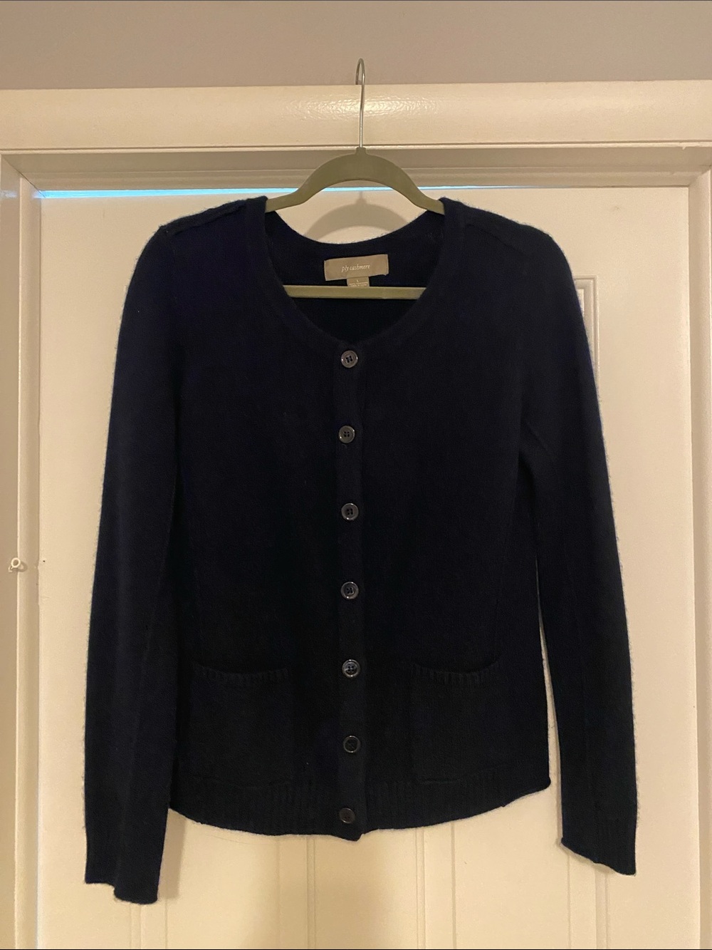 ply cashmere Navy Button-Front Pocket Cardigan